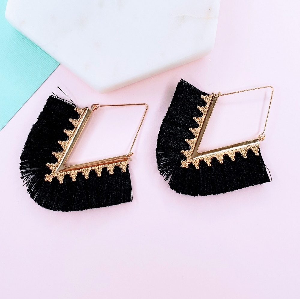 5 for $25 Black Triangle Fringe Tassel Earrings - Picture 2 of 7